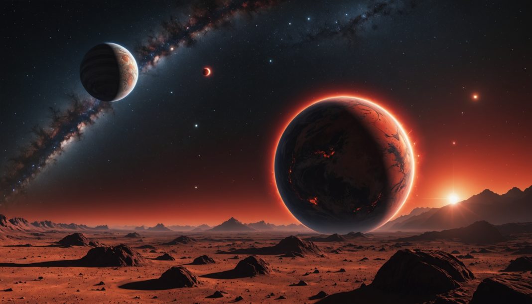 Vue d'artiste d'une super-Terre rocheuse orbitant autour d'une naine rouge