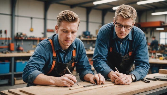 Jeune apprenti formé par un mentor dans un atelier, alternance 2026