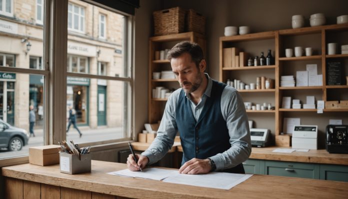 Commercant analysant ses comptes dans sa boutique