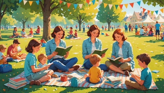 Enfants et parents lisant des livres dans un parc en été