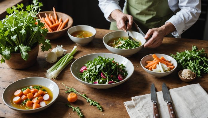 Cuisine anti-gaspillage de la racine a la tige Legumes de saison, fanes et epluchures sur une table de cuisine