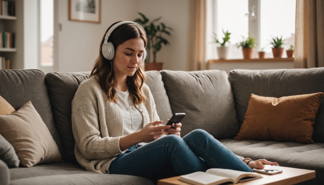 Jeune femme ecoutant un livre audio au casque