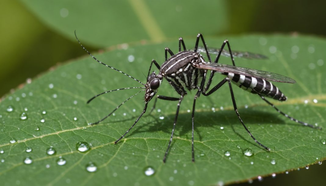 Moustique tigre posé sur une feuille au bord d'une goutte d'eau