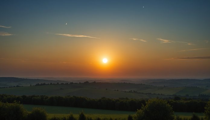 Éclipse solaire partielle au-dessus d'un paysage français en fin de journée