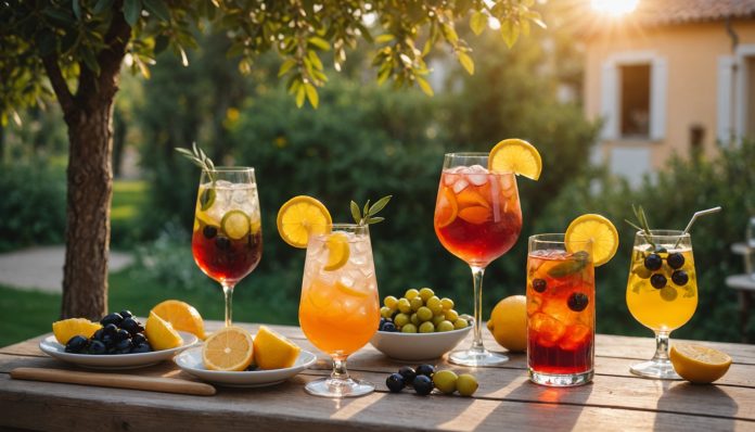 Apéritif d'été sur une terrasse ensoleillée avec spritz et boissons sans alcool
