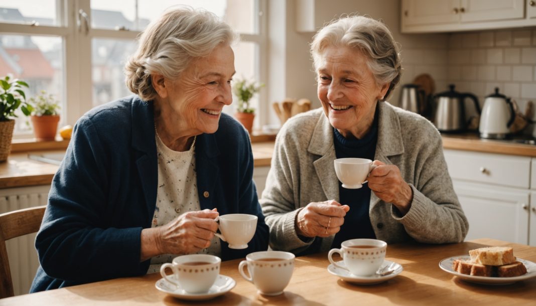 Une femme senior et une jeune étudiante partagent un moment convivial dans une cuisine lumineuse, illustration de la colocation intergénérationnelle
