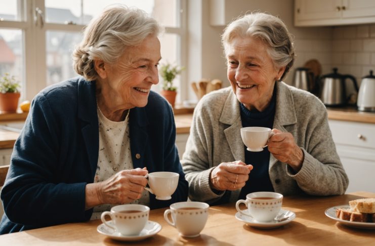 Une femme senior et une jeune étudiante partagent un moment convivial dans une cuisine lumineuse, illustration de la colocation intergénérationnelle