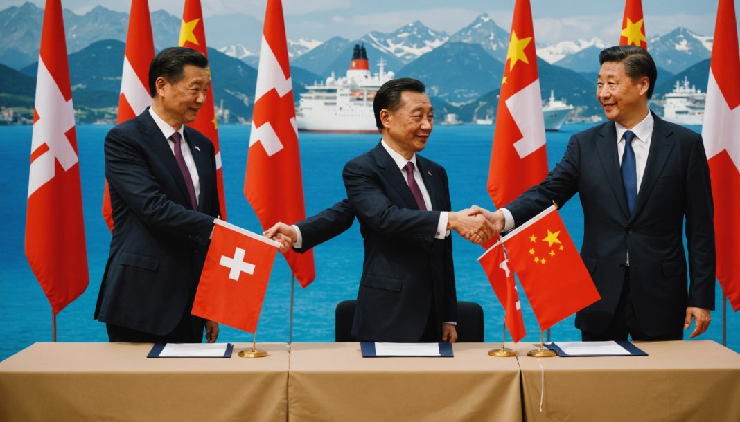 Poignée de main entre diplomates devant les drapeaux suisse et chinois, conteneurs de fret en arrière-plan