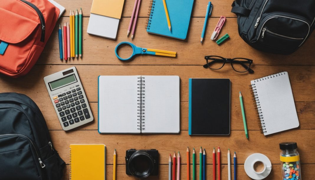 Fournitures scolaires disposées sur un bureau pour la rentrée 2026
