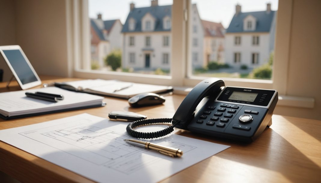 Bureau d'agent immobilier avec téléphone et clé de maison, symbole de la fin de la prospection téléphonique