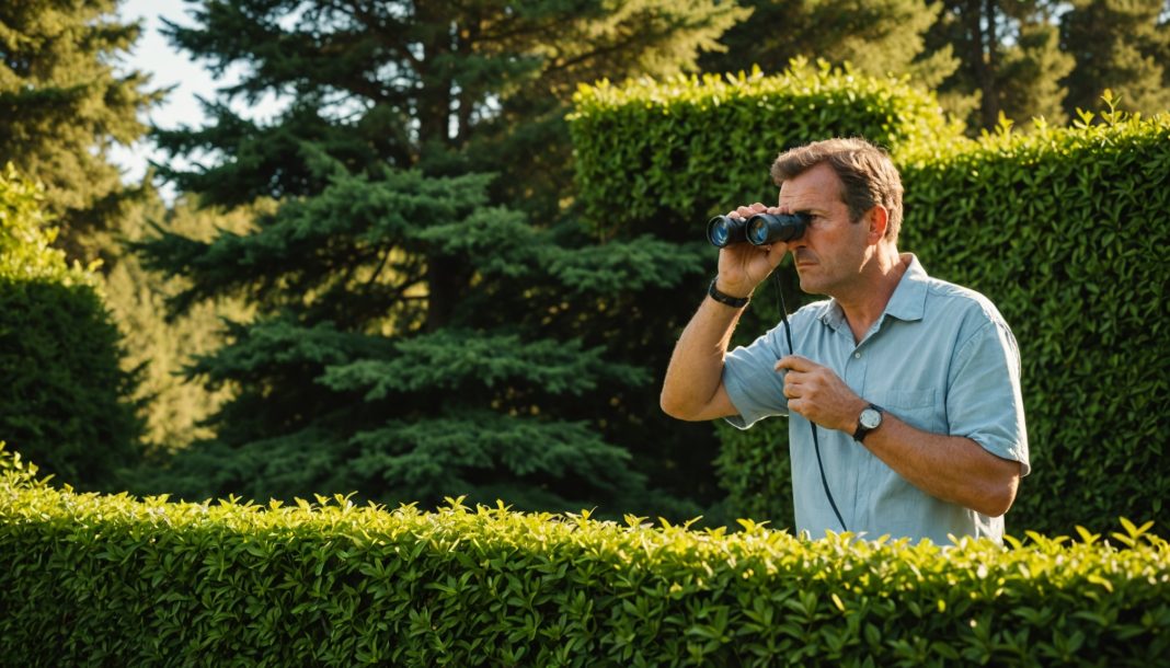 Jardin en fin d'été avec haie et toiture inspectées à la recherche de nids de frelons asiatiques