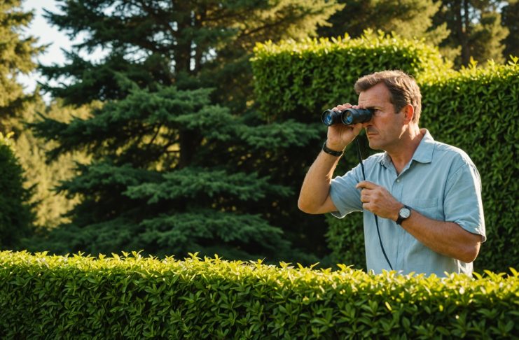 Jardin en fin d'été avec haie et toiture inspectées à la recherche de nids de frelons asiatiques
