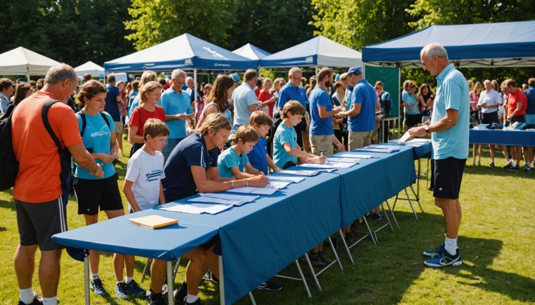 Parents et enfants lors d'une journée d'inscription dans un club de sport pendant la rentrée sportive