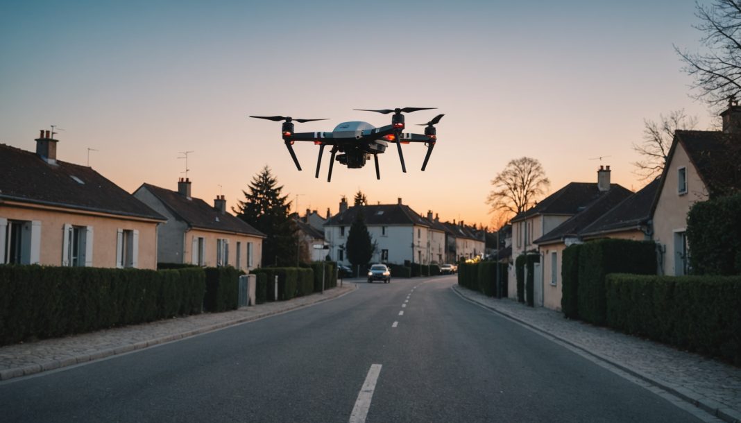 Drone défibrillateur du SAMU survolant une zone résidentielle en France