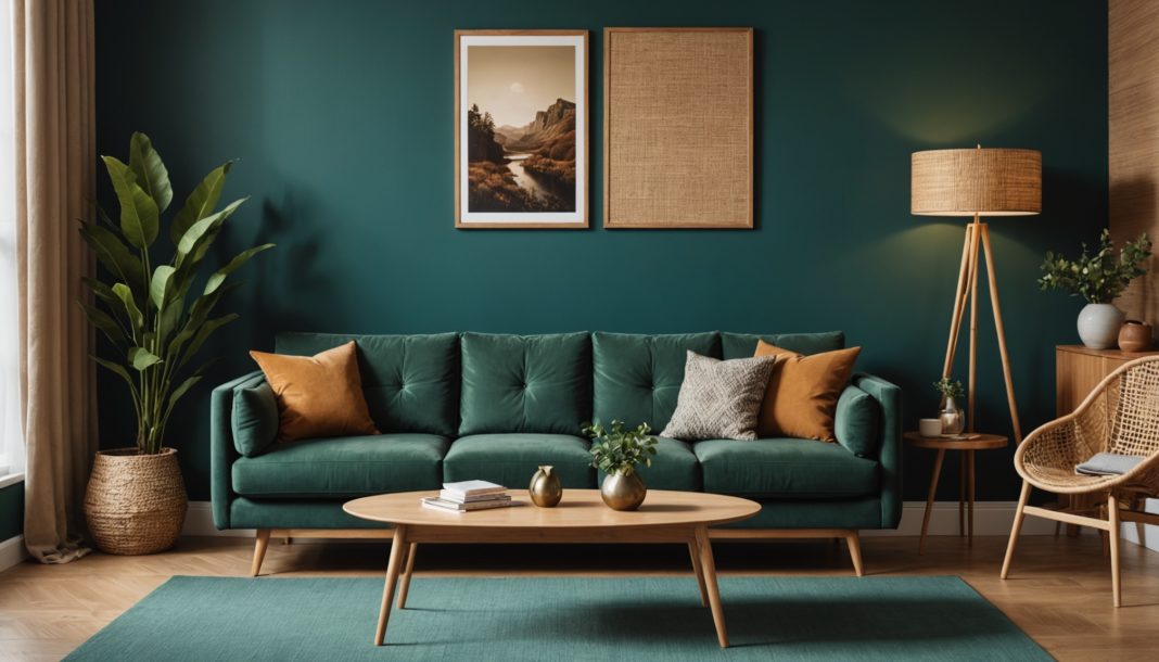 Salon avec mur d'accent vert profond et mobilier bois, tendance deco interieure