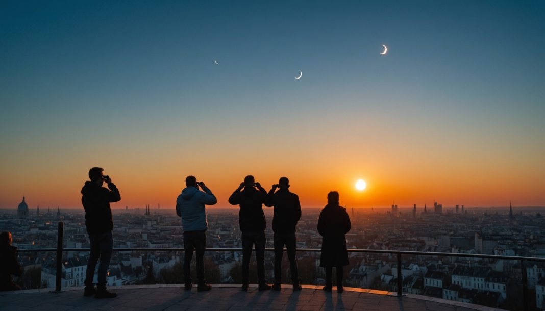 Silhouettes observant une éclipse solaire partielle au coucher du soleil avec des lunettes de protection