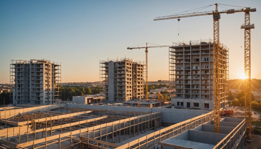 Chantier de construction neuve avec grues et échafaudages au coucher du soleil