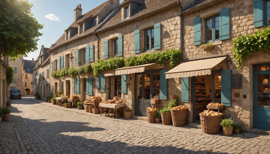 Rue commerçante d'un village français avec boulangerie et commerces de proximité