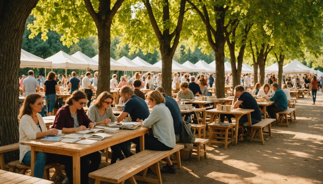 Tables de livres en plein air lors d'un festival littéraire estival
