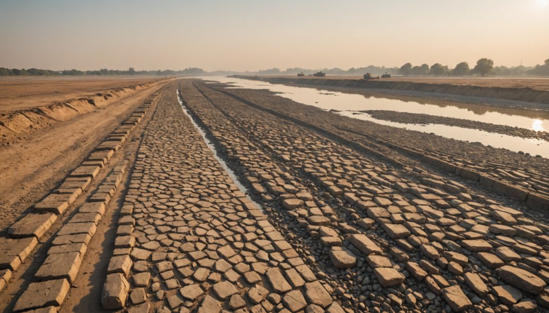 Lit de rivière asséché et fissuré sous la sécheresse estivale