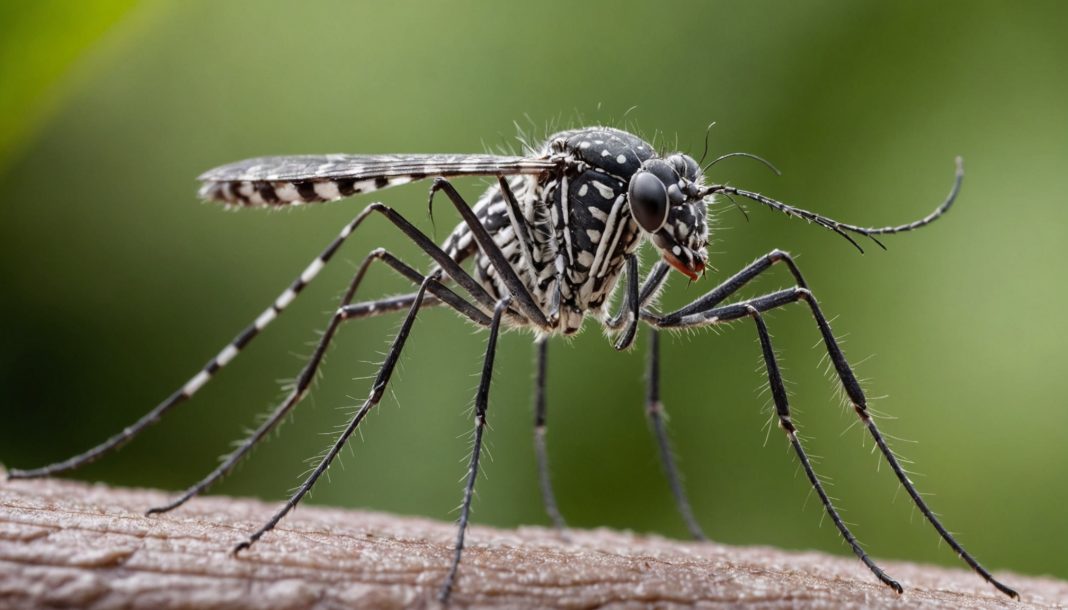 Moustique tigre posé sur la peau en extérieur