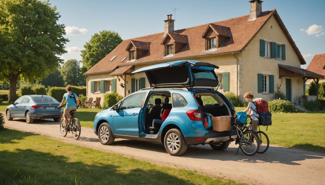 Famille chargeant une voiture pour partir en vacances d'été de proximité