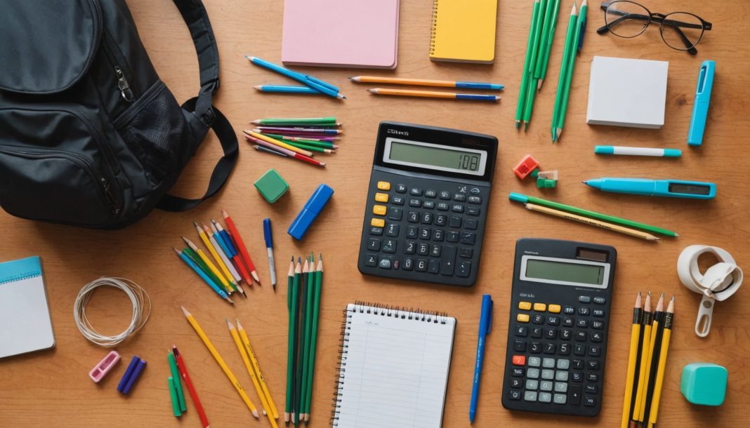 Fournitures scolaires disposées sur un bureau pour la rentrée