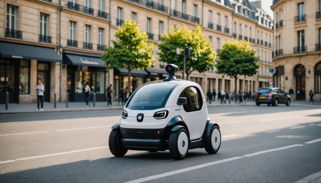 Robot de livraison autonome électrique circulant sur une route en ville