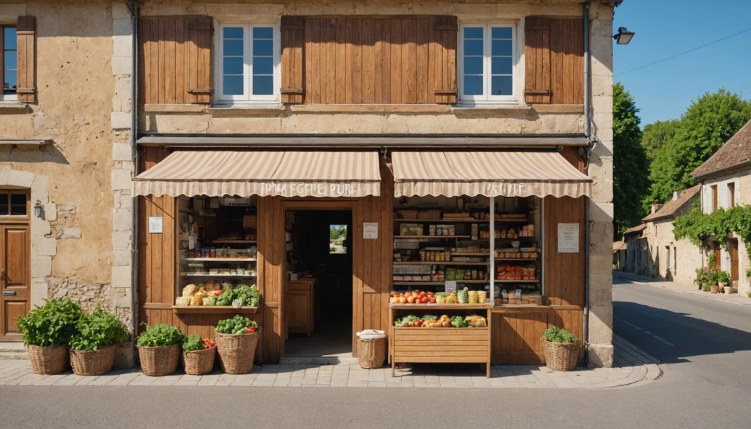 Petite épicerie de village avec bus itinérant France Services en zone rurale française