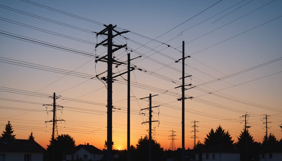 Lignes électriques et compteur d'électricité dans un quartier résidentiel français au crépuscule