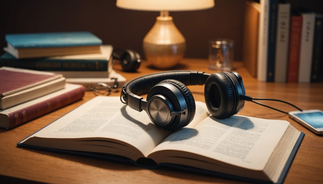 Livre ouvert avec un casque audio, symbole de l'audiolecture et de l'accessibilité culturelle