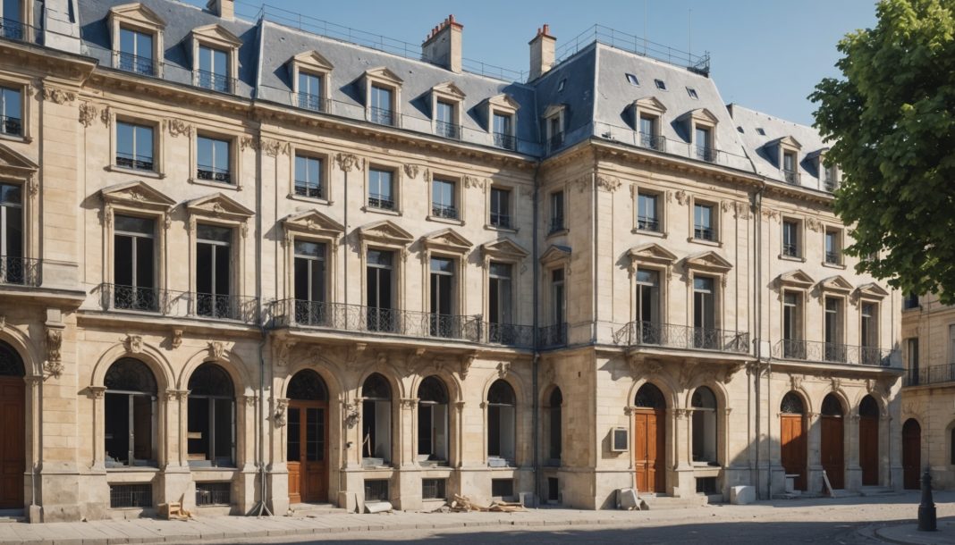 Façade de mairie française et maison en travaux, urbanisme en secteur protégé