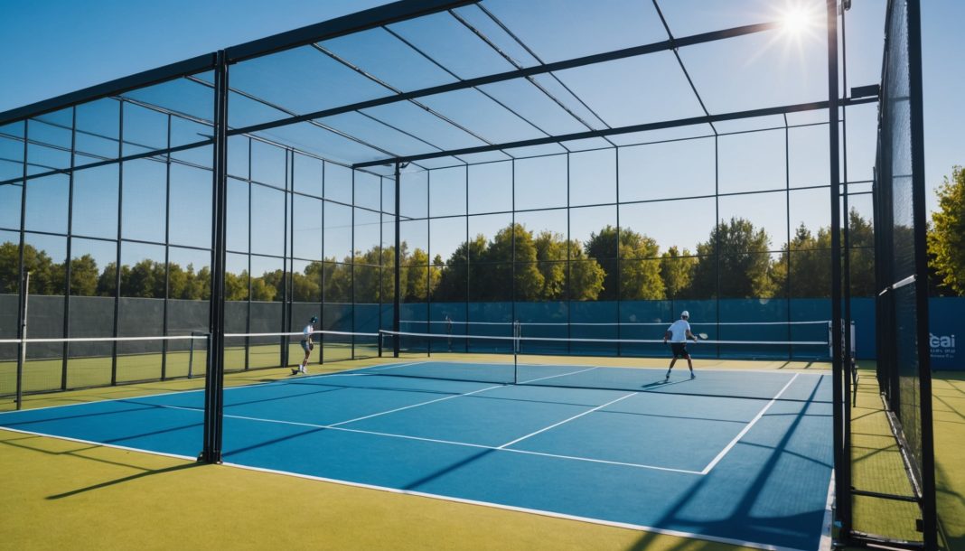 Joueurs de padel sur un court exterieur en France par une journee ensoleillee