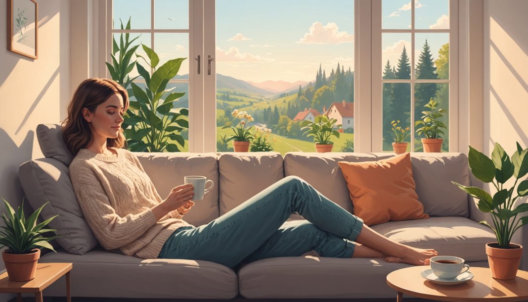 Illustration d'une personne se reposant paisiblement chez elle, symbole du droit au repos et de la paresse assumée