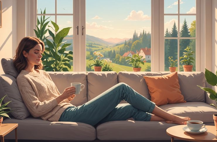 Illustration d'une personne se reposant paisiblement chez elle, symbole du droit au repos et de la paresse assumée