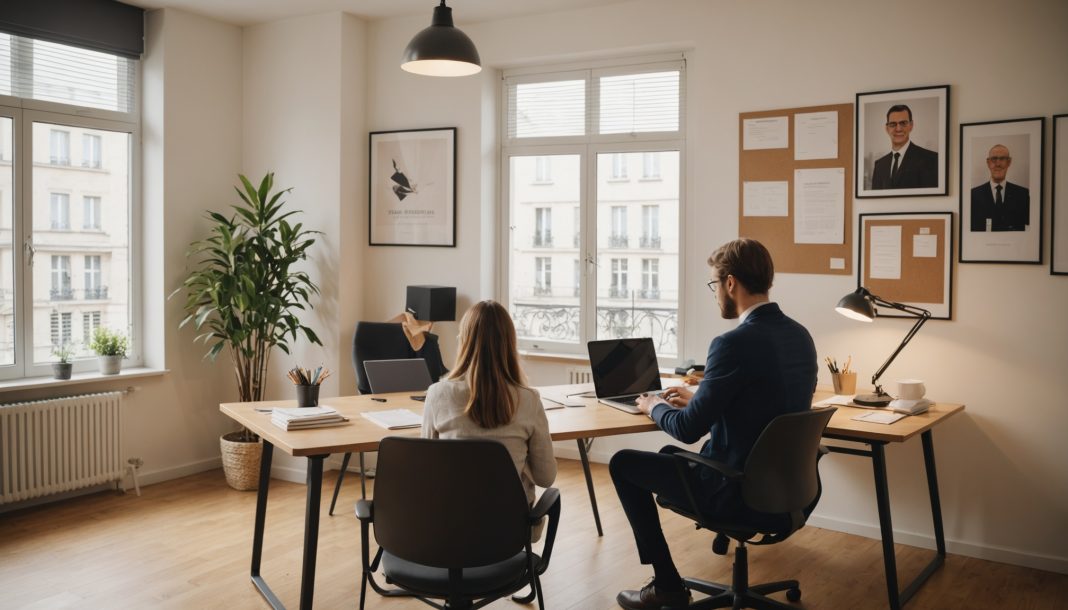 Conseiller emploi accompagnant un jeune demandeur d'emploi dans une agence en France