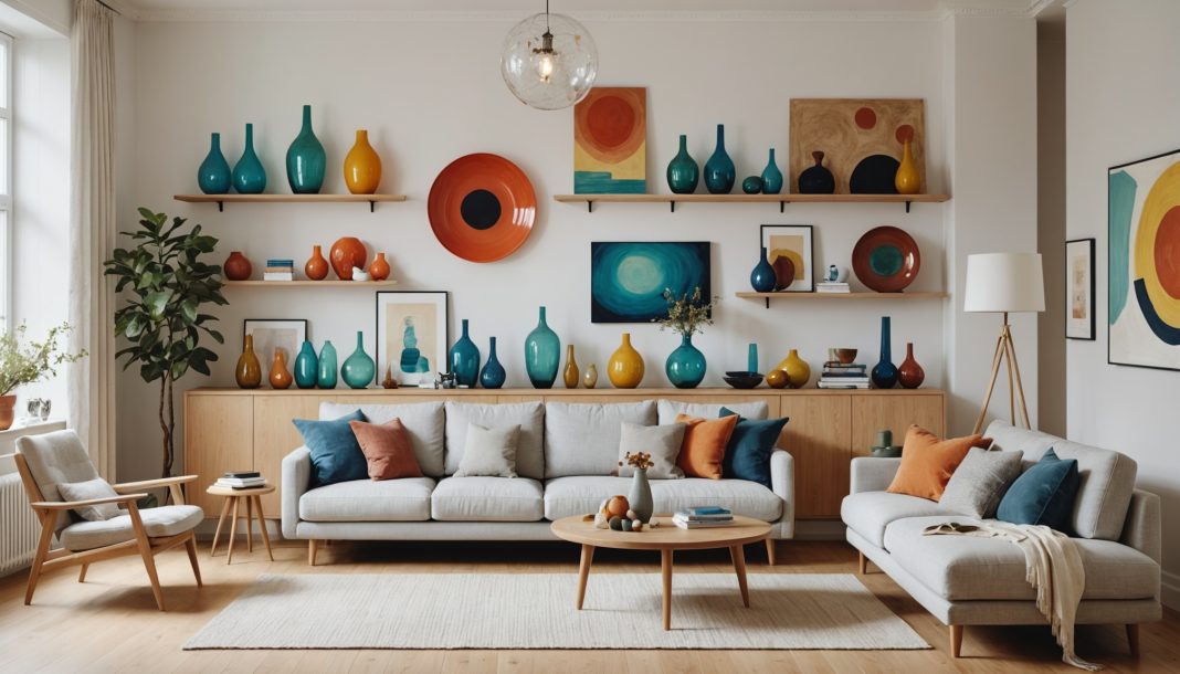 Salon scandinave lumineux avec des objets d'art en verre et céramique de la collection KONSTRUNDA