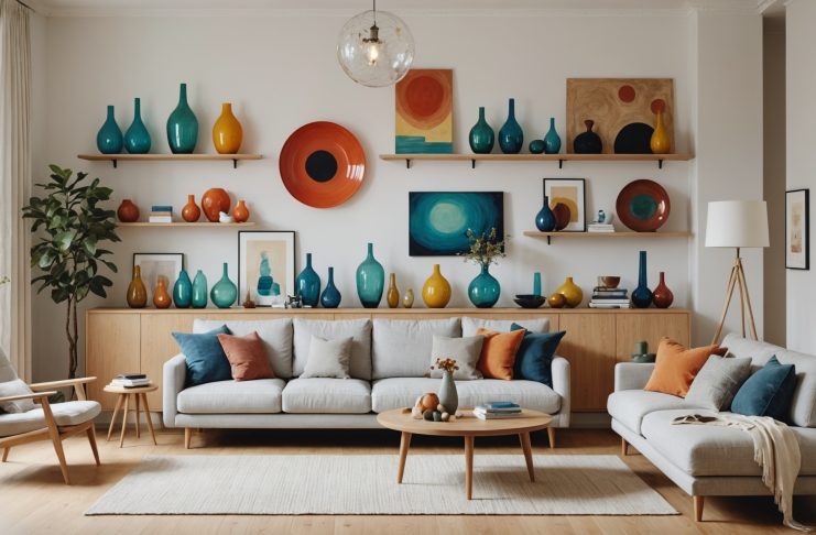 Salon scandinave lumineux avec des objets d'art en verre et céramique de la collection KONSTRUNDA