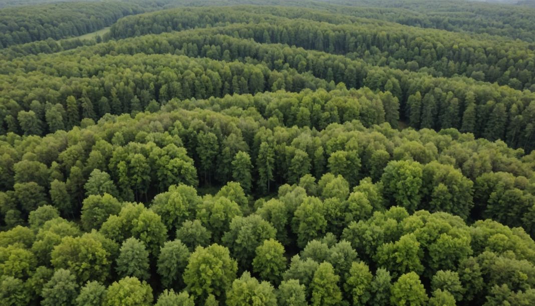 Forêt française vue aérienne avec arbres stressés par la sécheresse