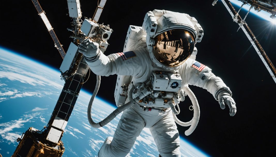 Astronaute en sortie extravéhiculaire près de la Station spatiale internationale