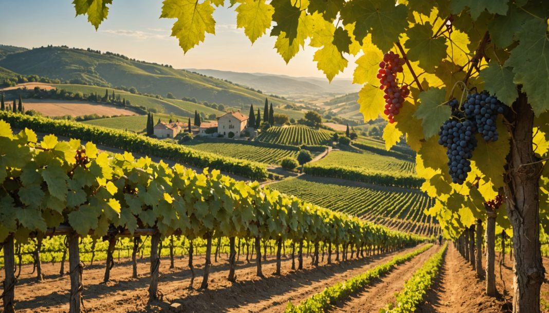 Vue d'un vignoble français lors de vendanges précoces sous une lumière estivale