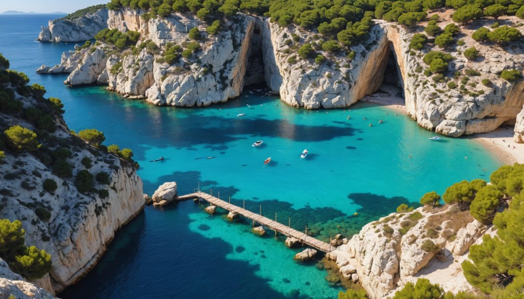 Calanque aux eaux turquoise avec accès régulé par quotas de visiteurs en été