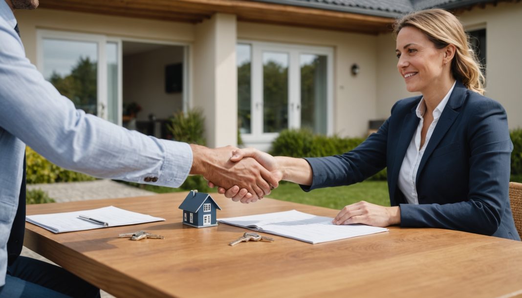 Couple négociant l'achat d'une maison avec un agent immobilier, clés et contrat sur la table