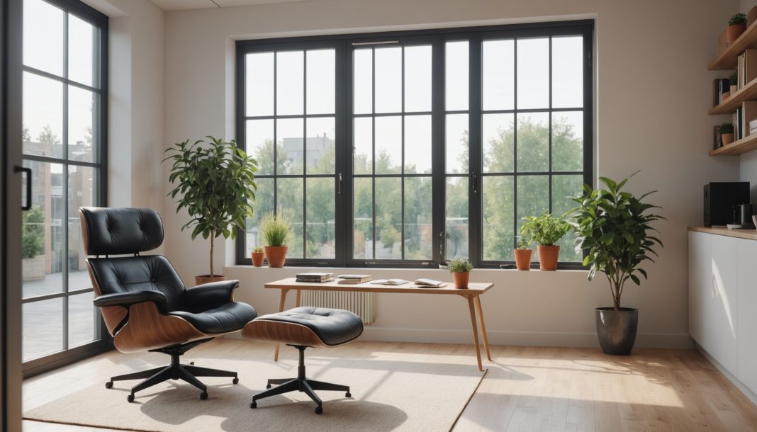 Espace de sieste cosy dans un bureau moderne avec fauteuil relax et lumière naturelle