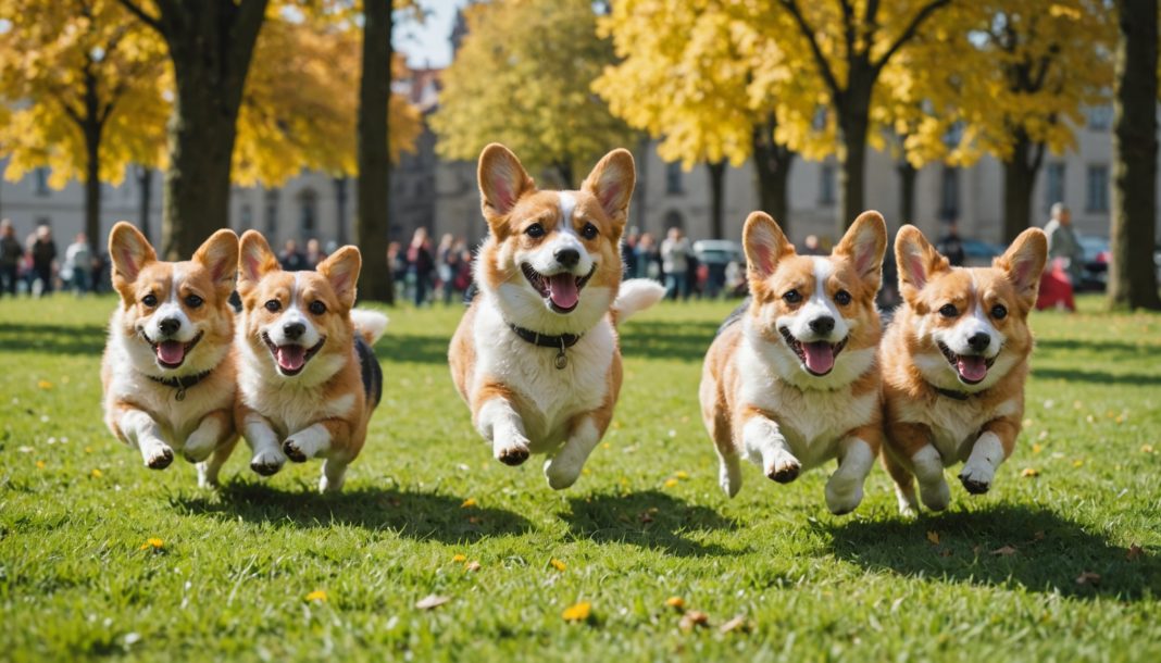 Petits chiens corgis courant dans un parc en compétition, propriétaires en arrière-plan