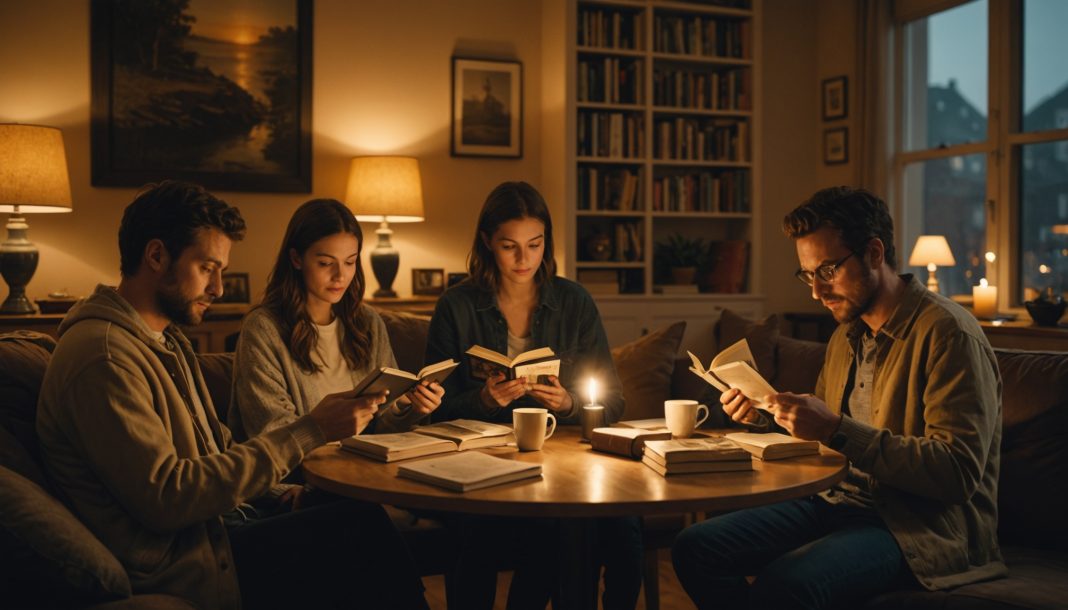 Club de lecture silencieuse avec des participants lisant sans téléphone