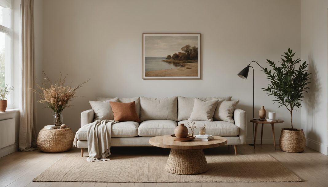 Intérieur épuré et chaleureux illustrant le mouvement slow living, matières naturelles et lumière douce