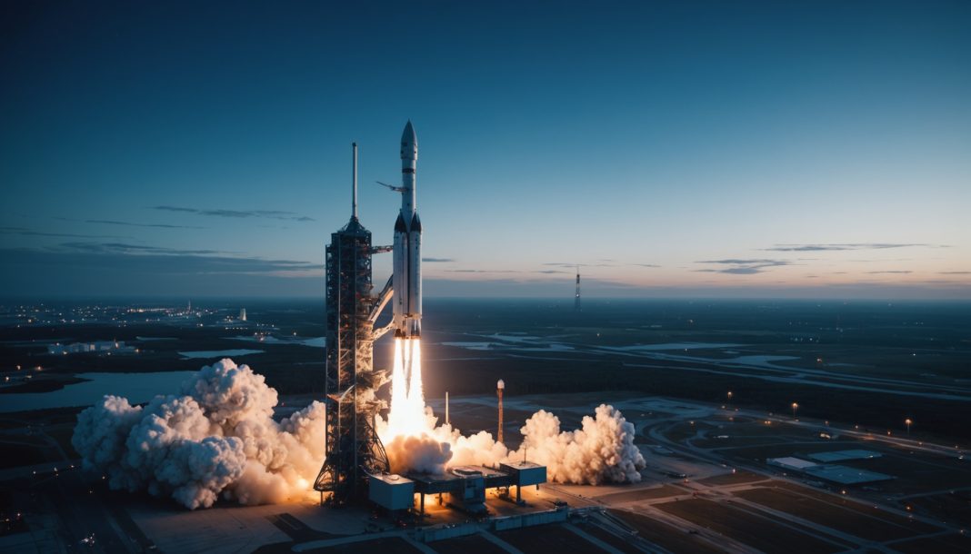 Illustration d'un pas de tir spatial européen avec un satellite en orbite au crépuscule