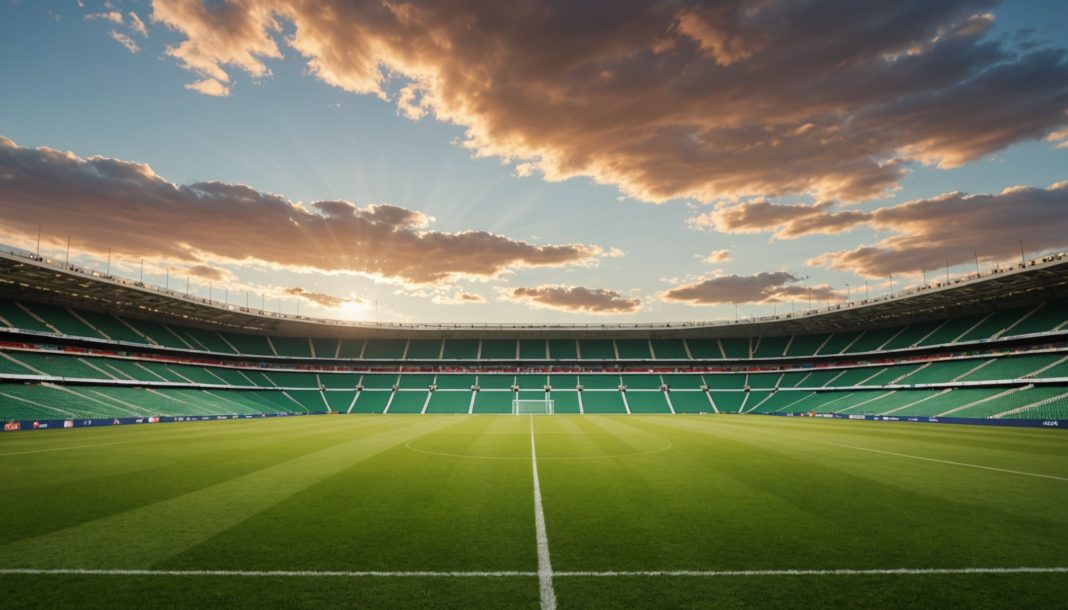 Stade de football vide au coucher du soleil, illustration nouvelle ère des Bleus