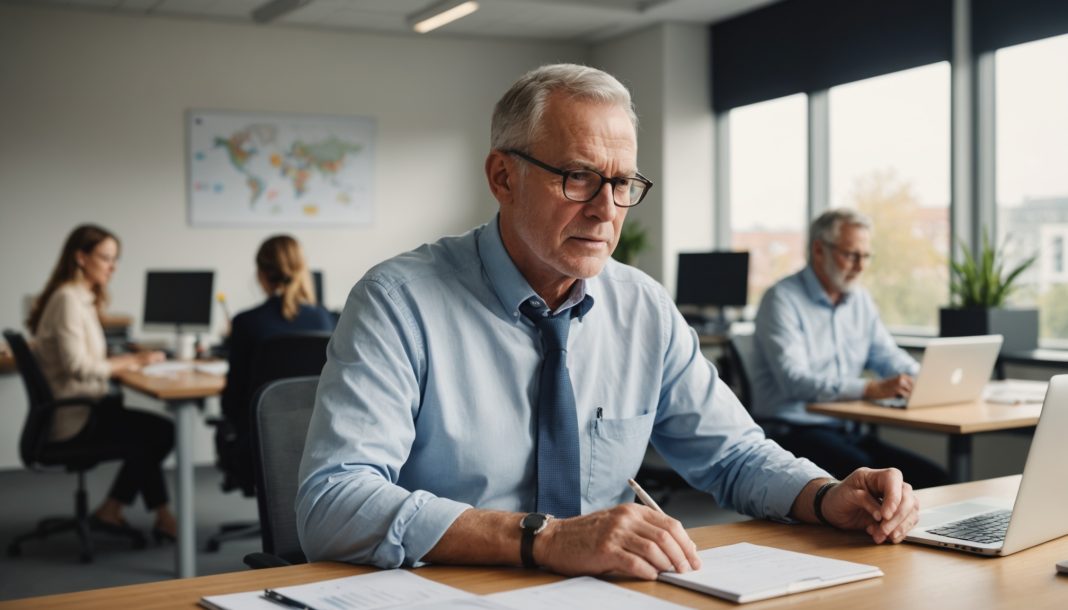 Senior professionnel travaillant au bureau, emploi des seniors en France